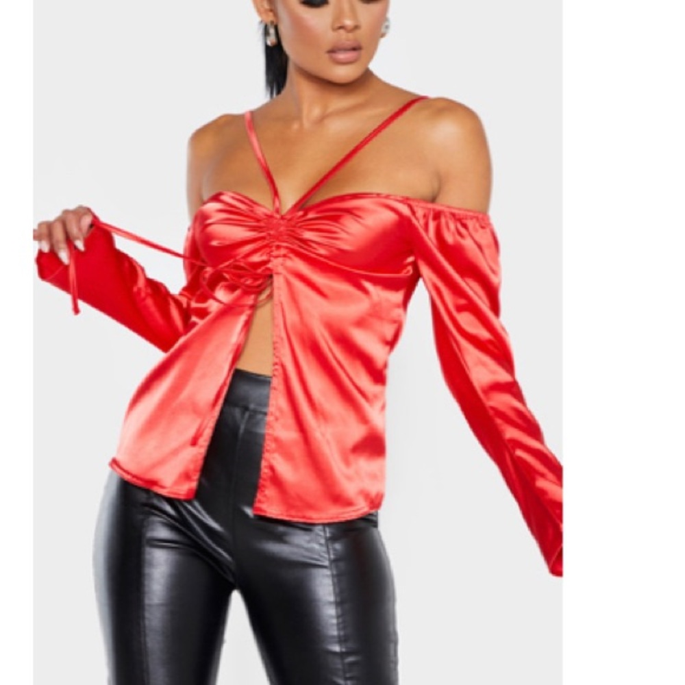 PLT Satin Ruched Bust Front Split Blouse